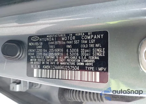 2019 Hyundai Kona Se z USA, uszkodzony, nr VIN KM8K12AA6KU257504